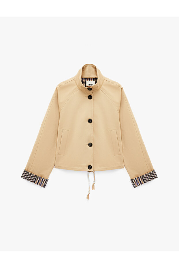 Long Sleeve Buttoned Plaid Lined Oversized Gabardine Stand Collar Short Trench Coat