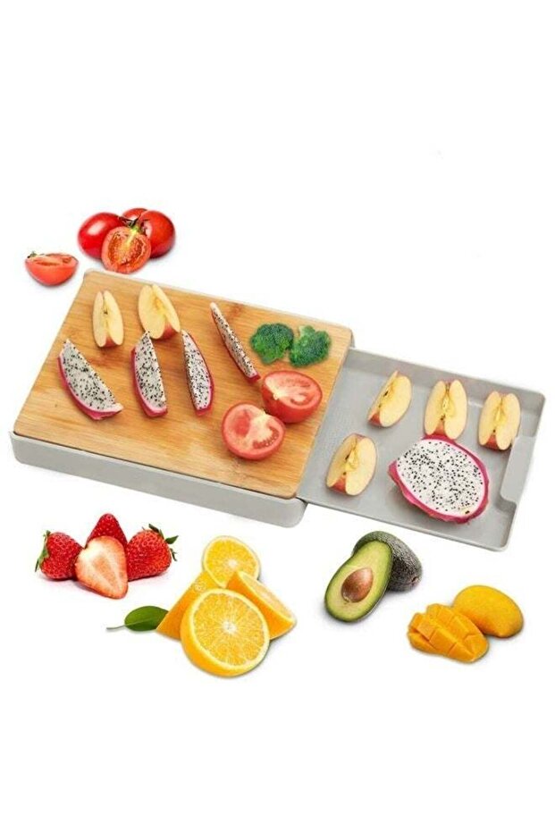 Wooden Cutting Board with Pull-Out Storage Tray,Multi-Function,Anti-Skid & Hangable,Grey