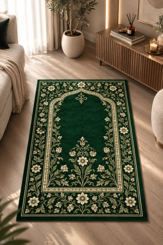 Green Classic Patterned Digital Print Prayer Rug – Traditional Motif Prayer Mat