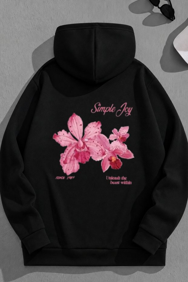 Unisex 3 Thread Cotton Black Simplejoy Print Loose Fit Sweatshirt Hoodie