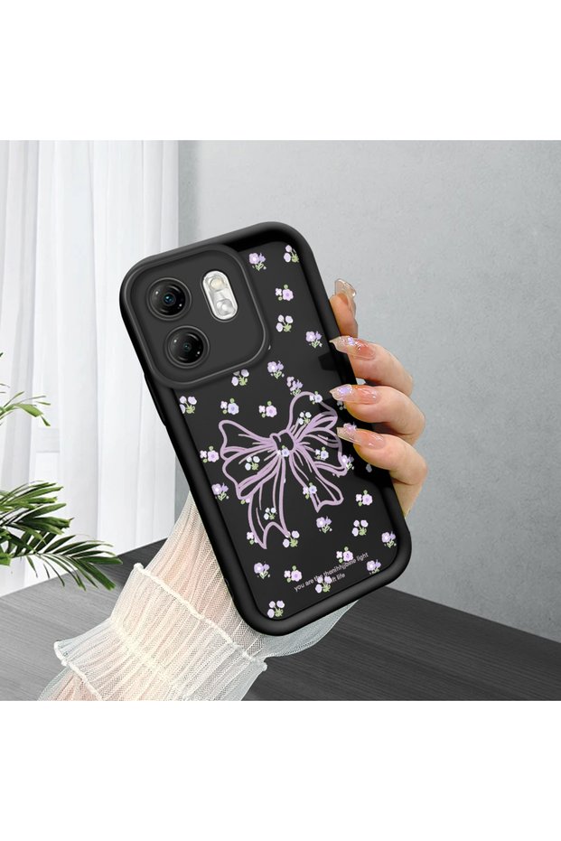 Infinix Smart 9 Compatible Black Silicone Shock-Absorbing Protective Case with Purple Bow and Small Flower Pattern Camera Protection