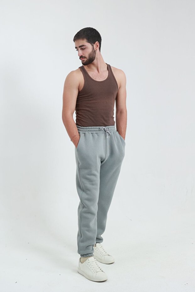 Men's 3 Thread Threaded Jogger Pants with Elastic Cuffs, Lace-Up Waist, Double Pockets, Light Smoked Sweatpants