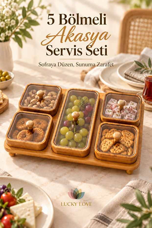 5-Compartment Acacia Wood Serving Set with Transparent Lid, Presentation Container, Breakfast Nuts and Snacks Bowl