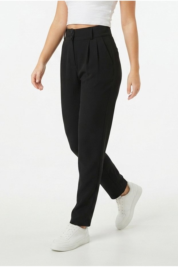 Women's High Waist Button Detailed Pleated Woven Narrow Leg Stylish Trousers