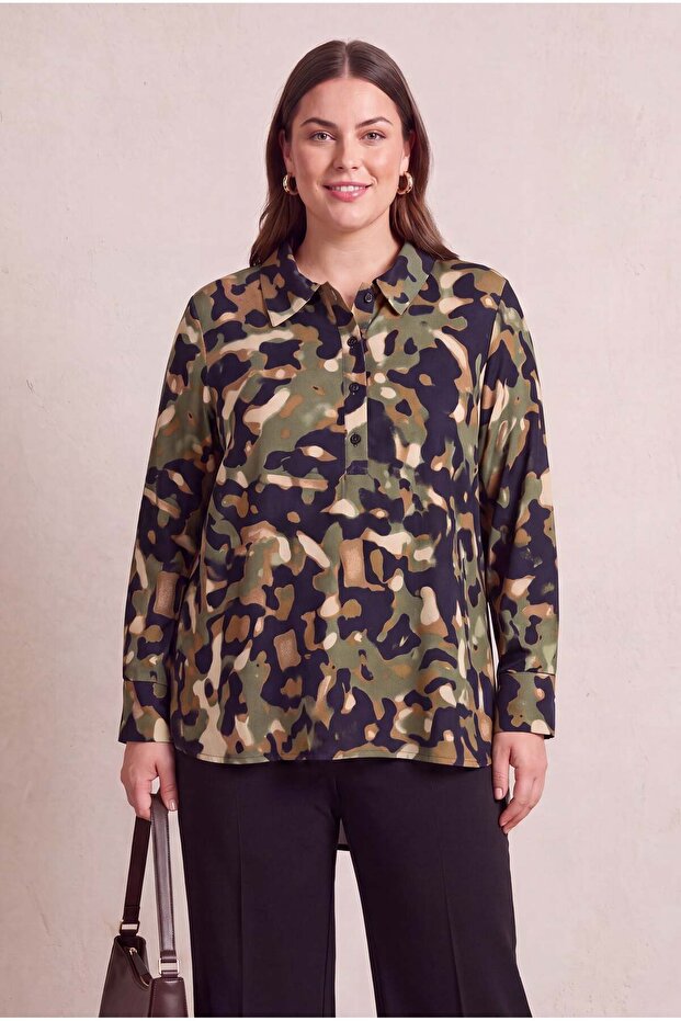 Shiny Outside, Viscose Inside, Plus Size Blouse Khaki
