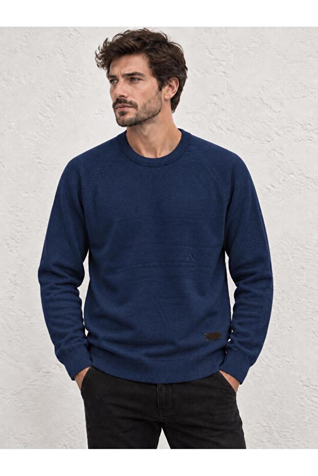 Men's Navy Blue Crew Neck Corspan Rope Basic Knitwear