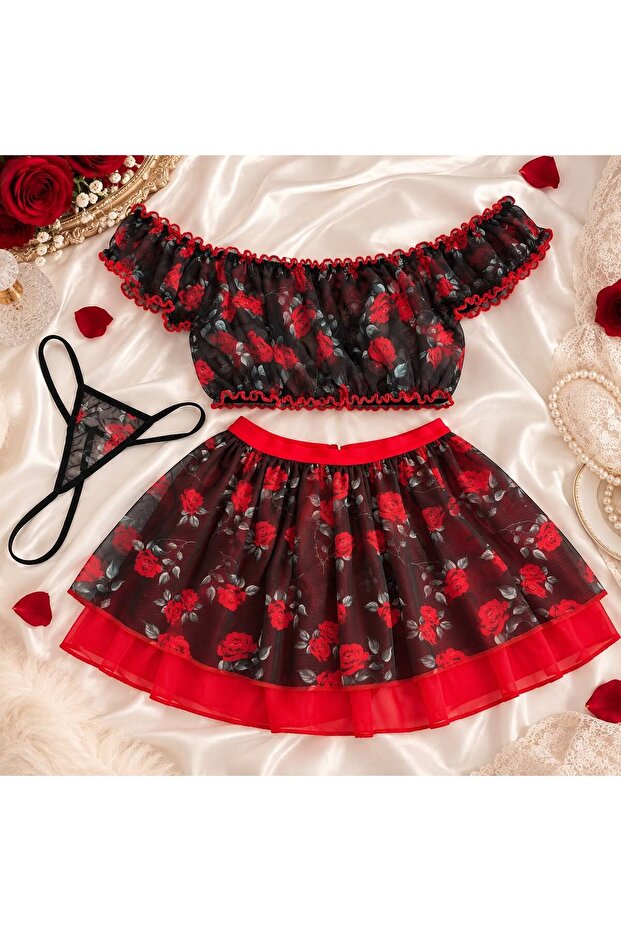 Plus Size Women's Rose Patterned 3-Piece Skirt Set