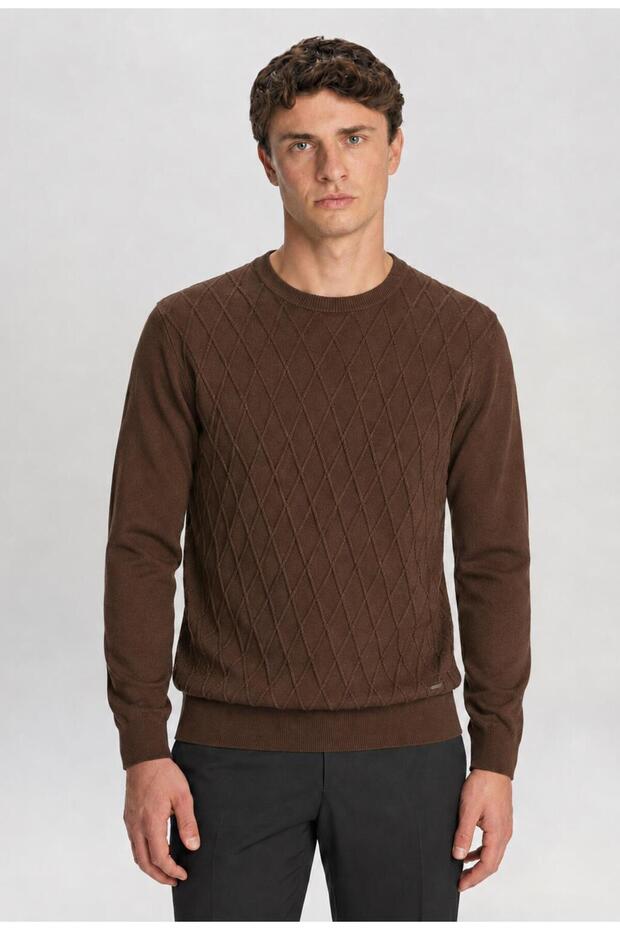 Men's Brown Crew Neck Diamond Knit Corspan Knitwear