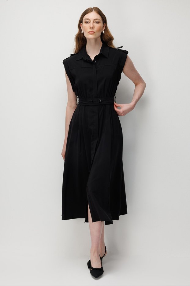 Midi modal shirt dress with belted epaulet detail