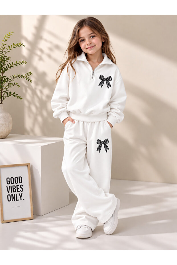 Girl's Bow Printed Half-Zip Sweatshirt and Wide-Leg Sweatpants 2-Piece Set Children's Set