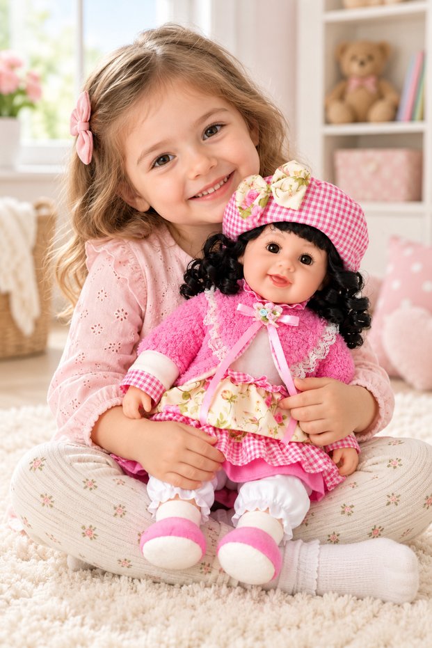Cute Fashion Doll with Curly Hair & Floral Dress – Bonnet Hat, Soft Jacket, Layered Skirt & Matching Shoes – Available in Pink, Purple & Peach