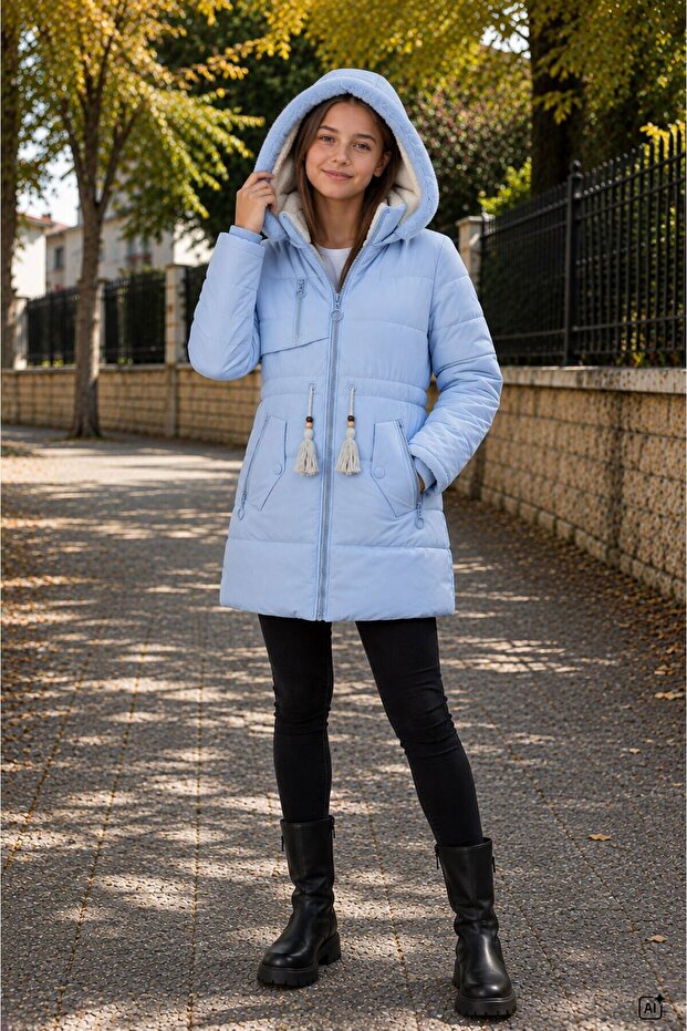 Blue Girls' Plush Fur Inside, Tassel Detailed, Removable Hooded, Long Cut Coat 24867