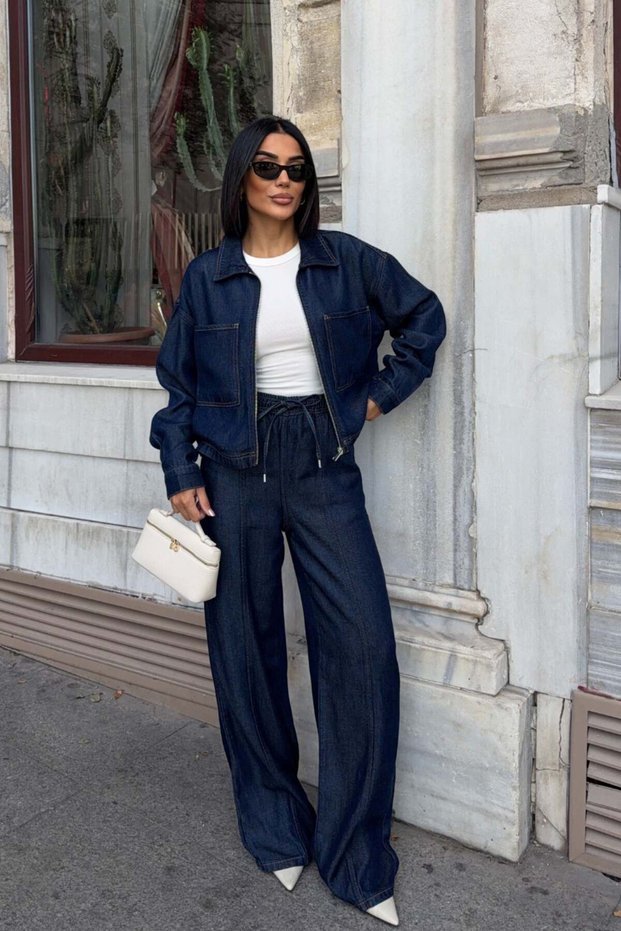 Navy blue denim zip-up jacket and wide-leg pants two-piece set 10373