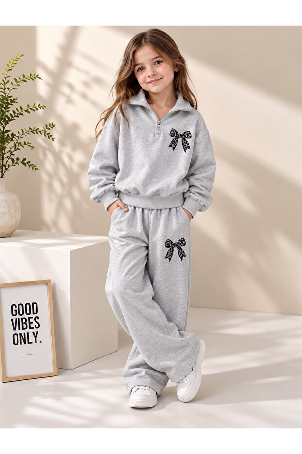 Girl's Bow Printed Half-Zip Sweatshirt and Wide-Leg Sweatpants 2-Piece Set Children's Set