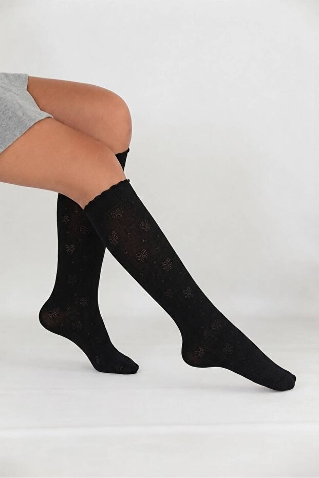 Children's Cute Patterned Mousse Knee Socks Black