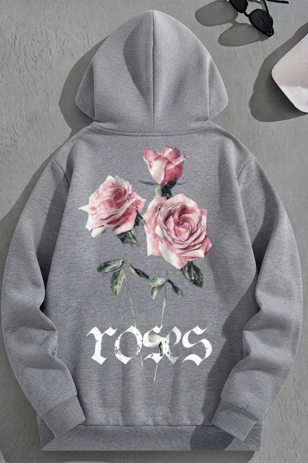 Unisex 3 Thread Cotton Gray Roses Print Loose Fit Sweatshirt Hoodie