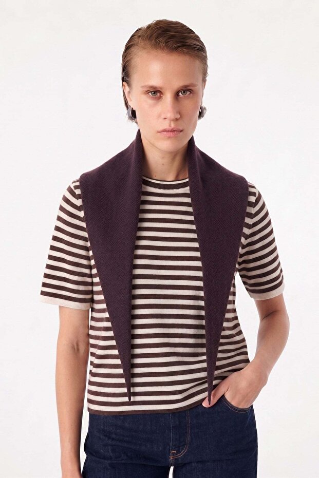 Striped Collar Knitwear Blouse Brown