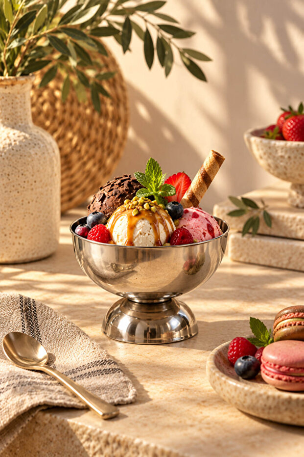 11 cm Steel Footed Ice Cream Bowl Set, Turkish Delight Bowl, Snack Bowl, Presentation Bowl