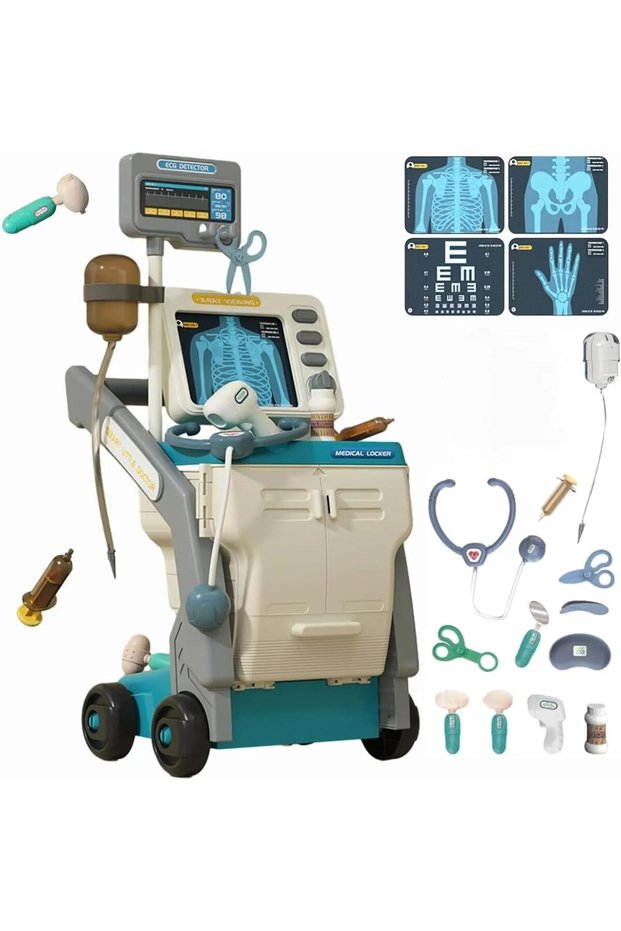 Kids Doctor Station Medical Playset on Wheels Educational Pretend Play Kit with Stethoscope, Thermometer, Infusion, X-Ray & ECG Monitor Toy Medical Trolley