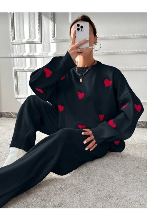 Women's Knitwear Heart Embroidered Top and Bottom Knitwear Set