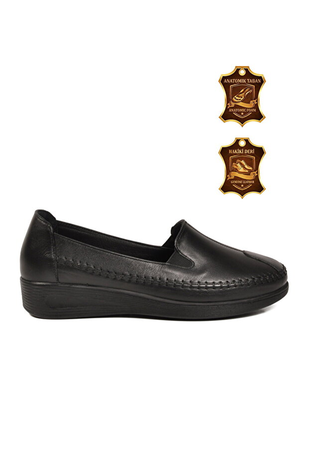 Black Genuine Leather Anatomical Comfortable Sole Side Elastic Women's Casual Shoes 9120
