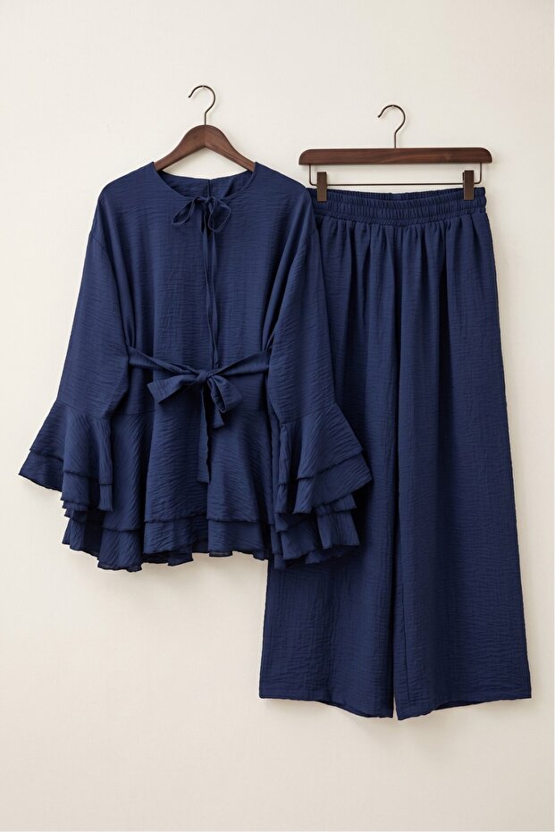 Jacquard Volan Sleeve Top and Pants Set - Navy Blue