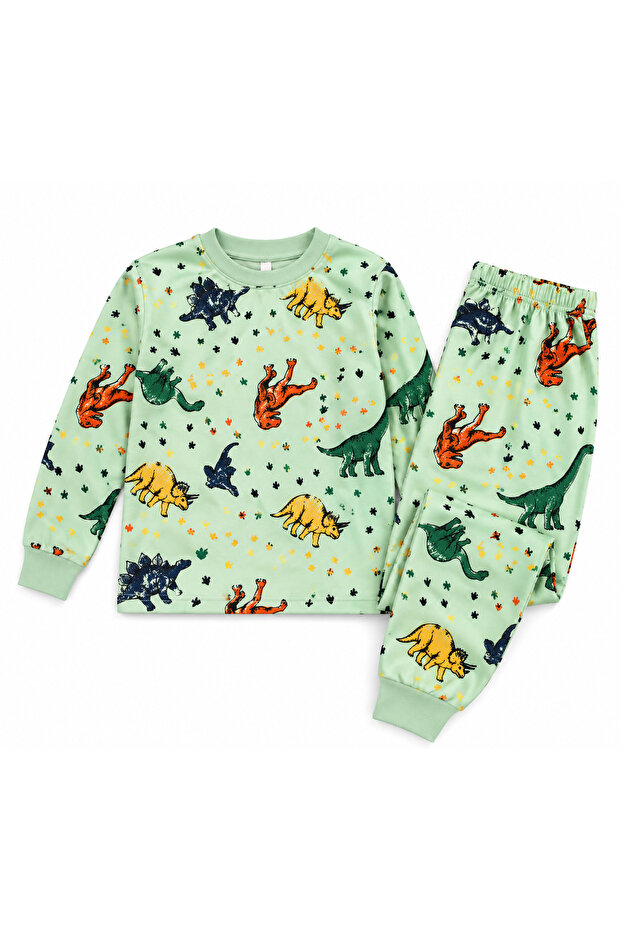 Boy's 100% Cotton Green Dinosaur Patterned Long Sleeve Pajama Set