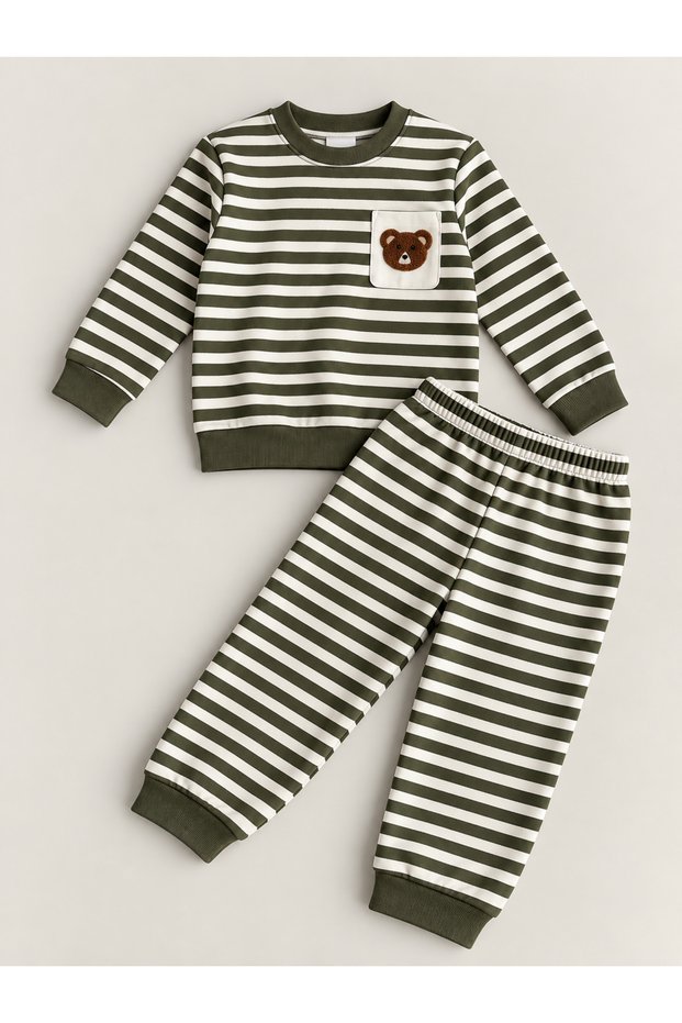 Boy's Embroidered Striped Suit with Teddy Bear Motif