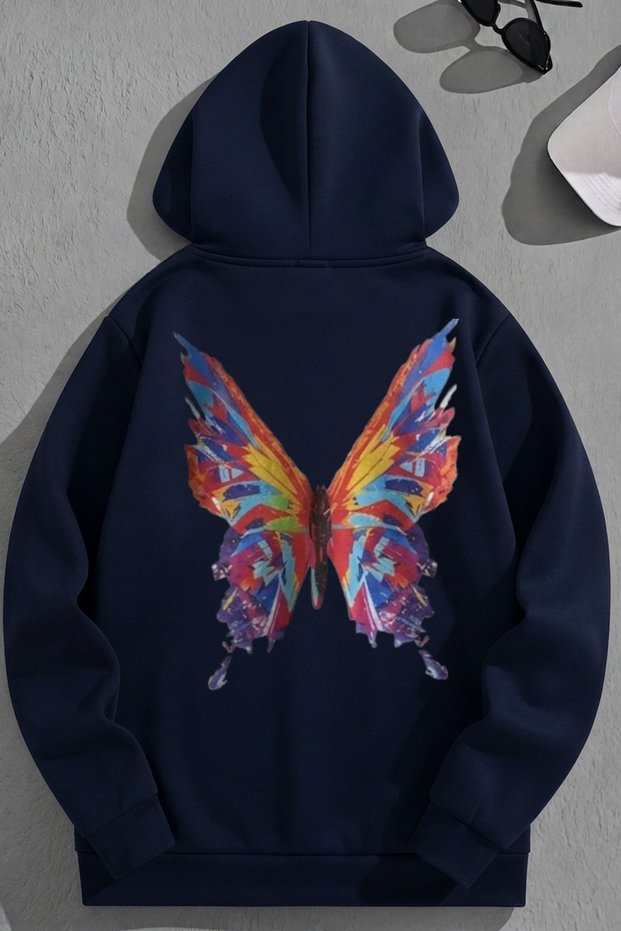 Unisex 3 Thread Cotton Navy Blue Color Butterfly Print Loose Fit Sweatshirt Hoodie
