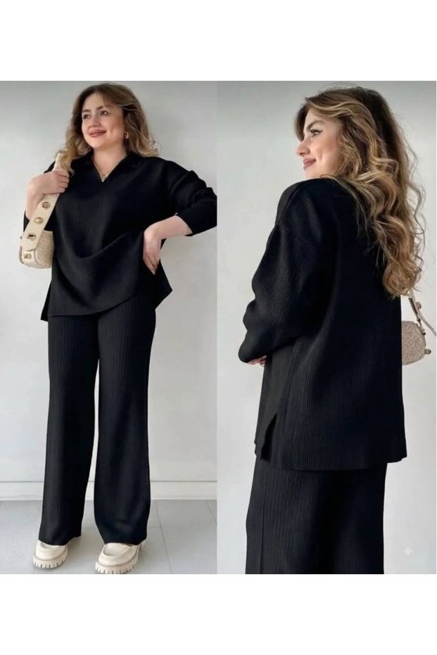 Women's Knitwear Set Polo Collar Detailed Sweater and Pants