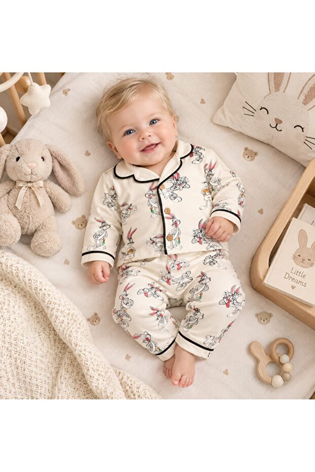 Rabbit Patterned Baby Pajama Set -100% Cotton
