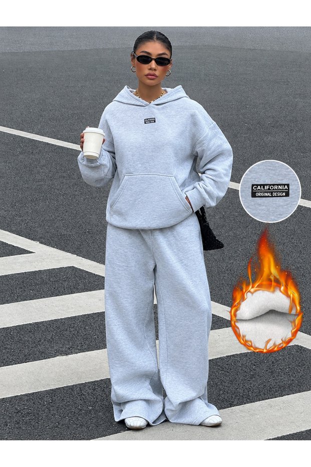 Unisex Women's and Men's California Unprinted Oversize 3 Thread Hooded Hoodie and Baggy Sweatpants