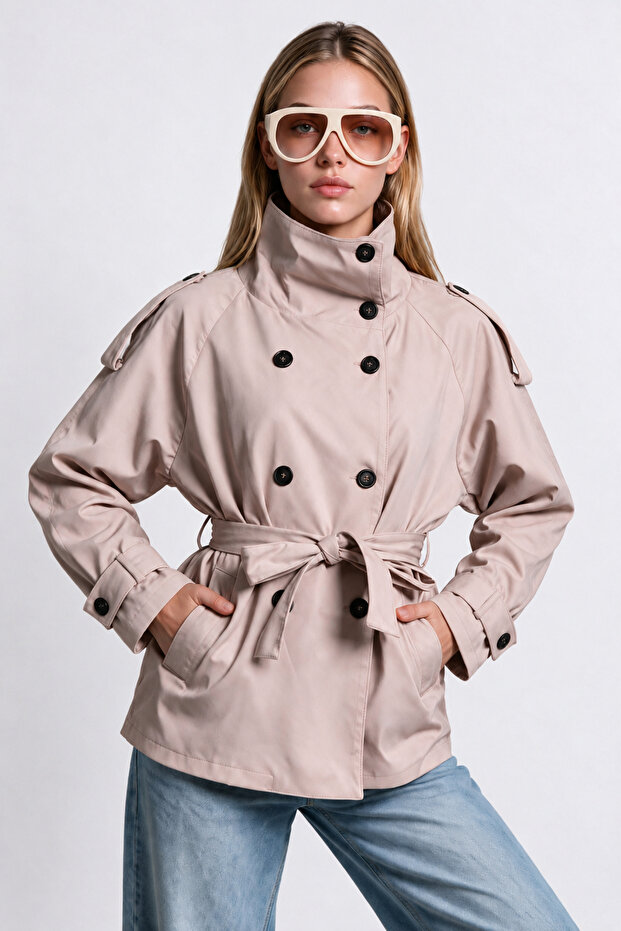 High Collar Belted Trench Coat Lgx0020 Cream