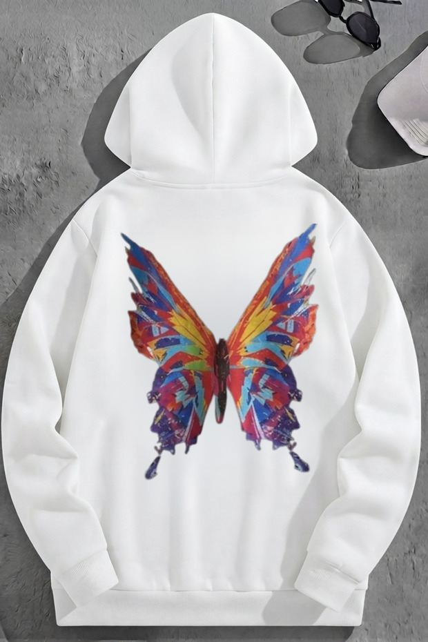 Unisex 3 Thread Cotton White Color Butterfly Print Loose Fit Sweatshirt Hoodie