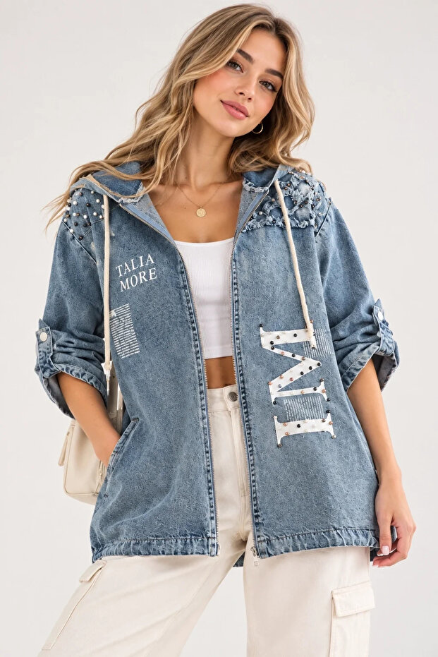 Women's Blue Pearl Beaded Embroidered Stone Printed Hooded Oversize Denim Jacket Long Sleeve Pocketed Drawstring