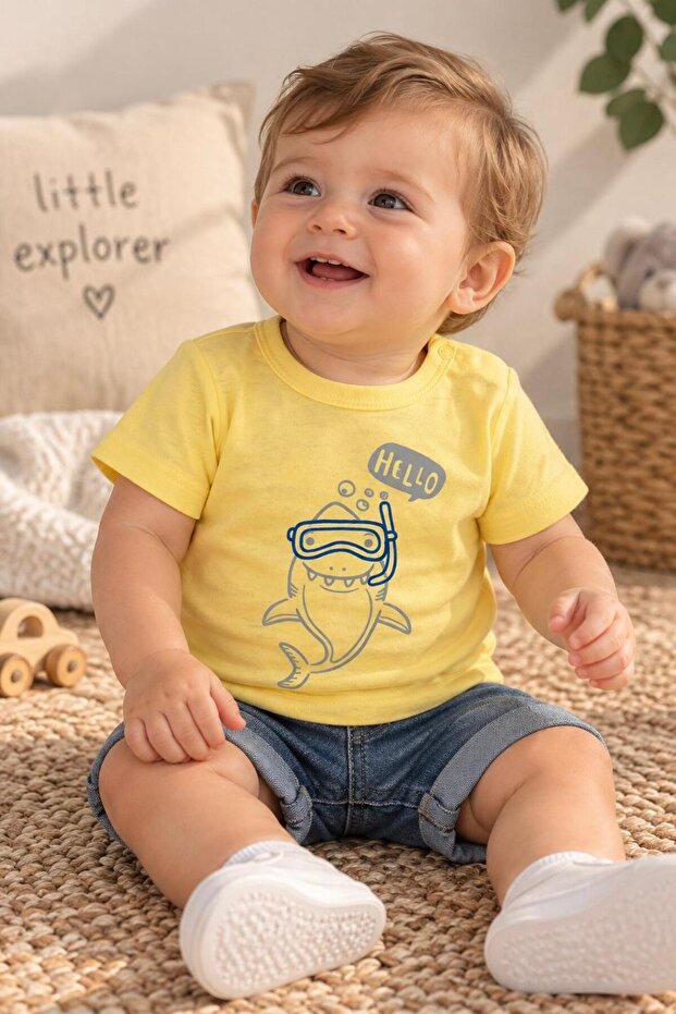 Baby Boy 100% Cotton Shark Printed Yellow Butter Yellow Short Sleeve T-Shirt 3-6 Months