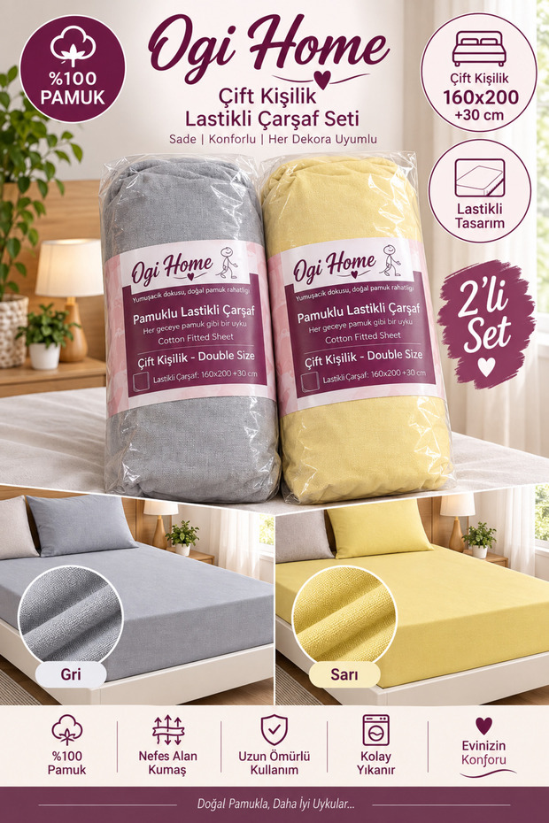 2-Piece Double Elastic Sheet Set 160X200+20 cm - Cotton Fitted Sheet Without Pillowcase (Dried Rose & Mint)