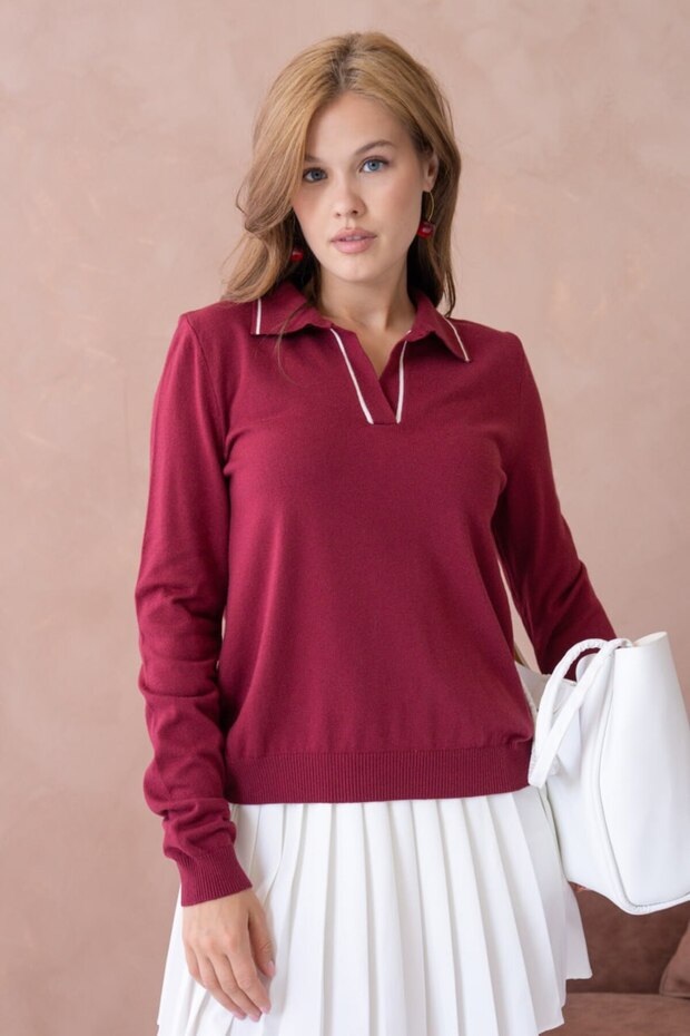 Contrast Piping Polo Collar Long Sleeve Knitwear Sweater Aw26Kz00059