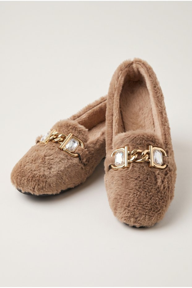 Women's Gold Chain, Crystal Stone Detailed Plush Indoor Ballerinas