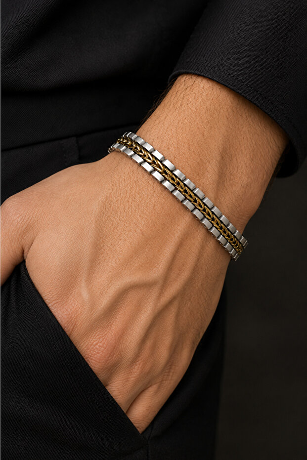 Wicker Detailed Stainless Steel Chain Men's Bracelet