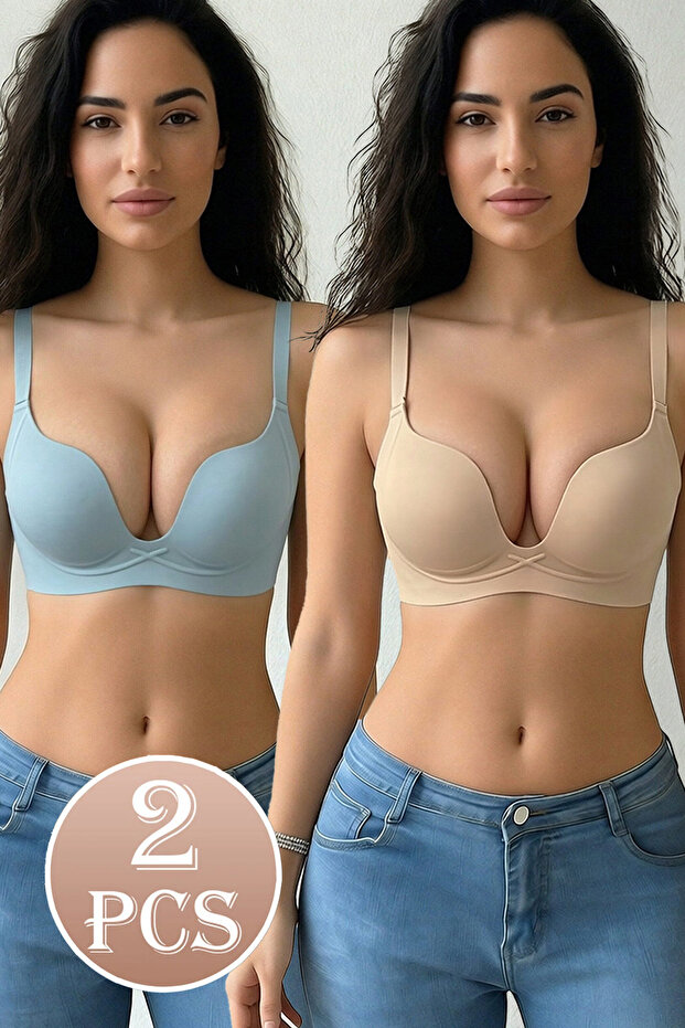 حمالة صدر نسائية رفيعة بتصميم V عميق ومجمعة للصدر الصغير