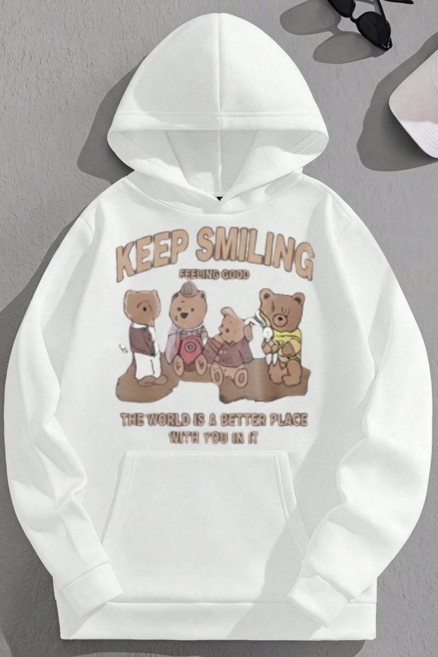 Unisex 3 Thread Cotton White Keepsmiling Print Loose Fit Sweatshirt Hoodie