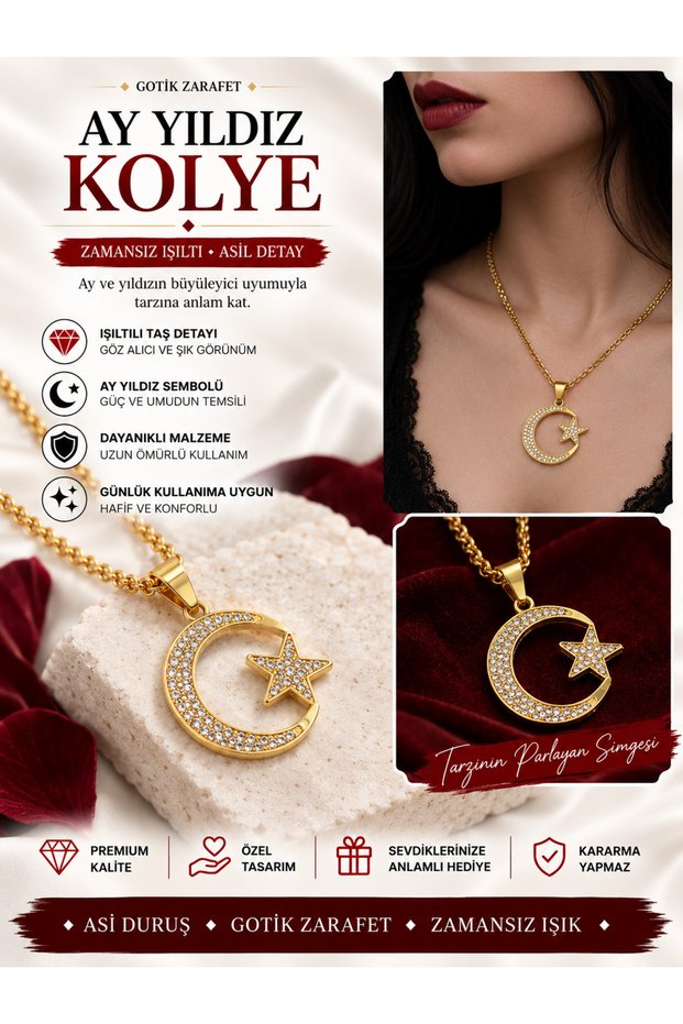 Stone Moon Star Necklace – Gold Color Shiny Stone Detailed Necklace for Women and Men Unisex