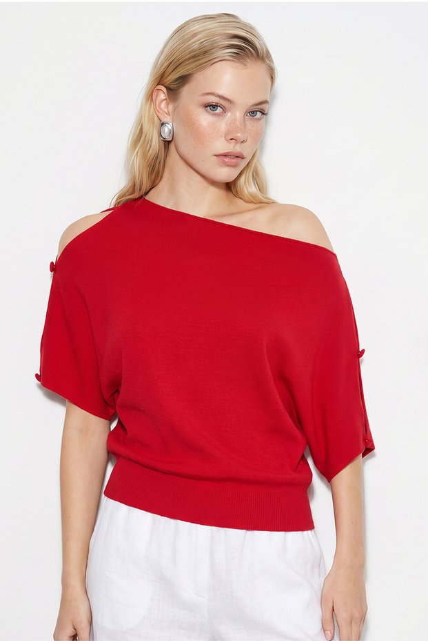 Women's Red Sleeveless Boat Neck Button Detailed Mercerized Knitwear Blouse 2859 60286475
