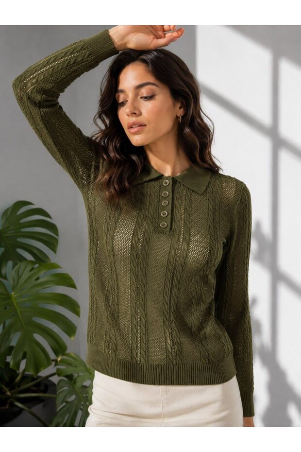 Polo Collar Button Detailed Openwork Hair Knit Sweater Aw26Kz00061