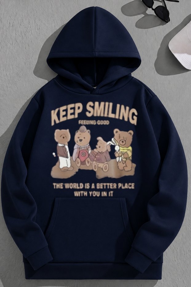 Unisex 3 Thread Cotton Navy Blue Keepsmiling Print Loose Fit Sweatshirt Hoodie