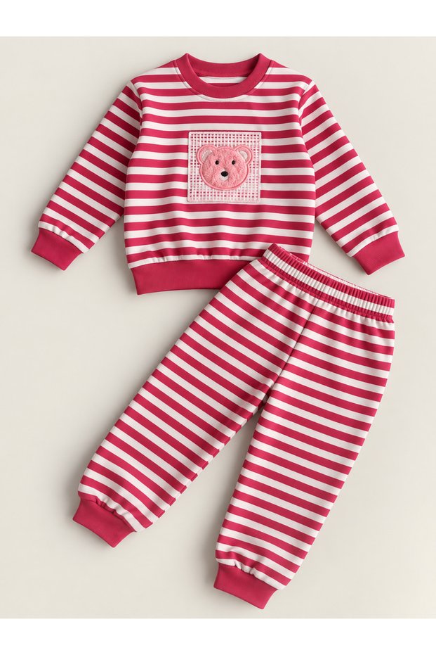 Girl's Embroidered Striped Teddy Bear Set