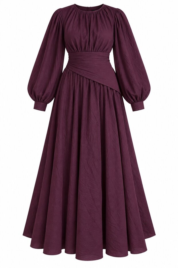 Burgundy Mobile Belted Long Dress - 2Y7051
