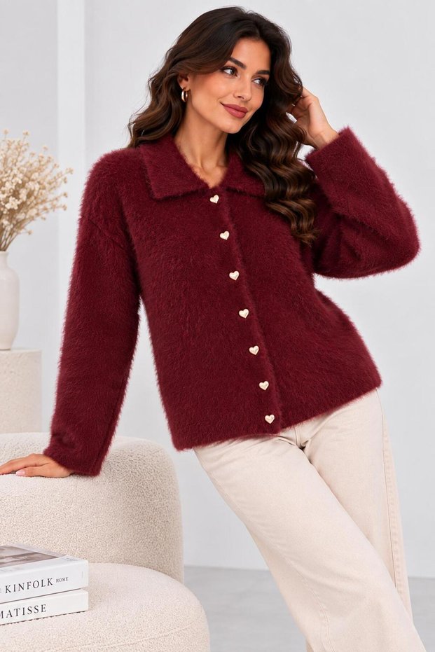 Women's Shirt Collar 7 Heart Gold Buttoned Long Furry Embroidered Knitwear Jacket