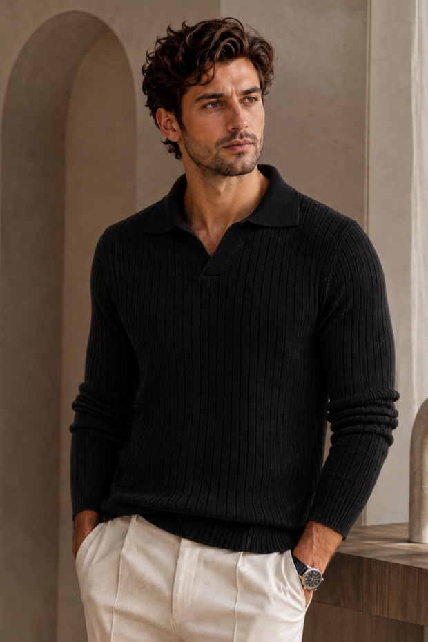 Men's Slim Fit Ribbed Polo Collar Knit Sweater